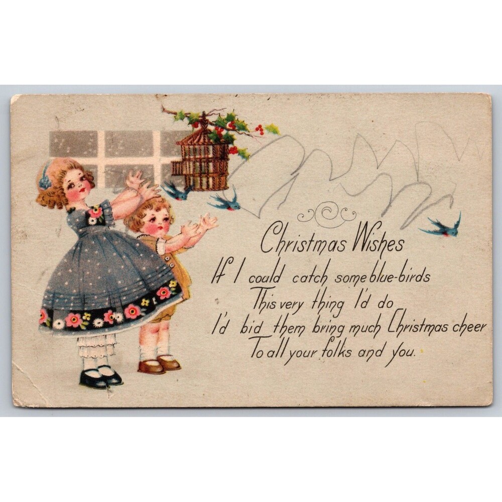 1924 Christmas Postcard Children Bluebirds Jefferson Des Moines  Iowa 1c Stamp